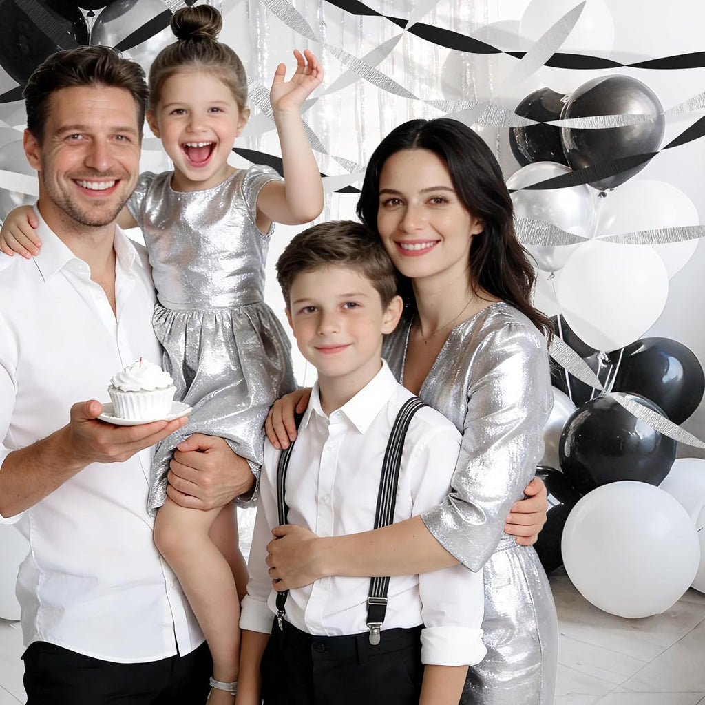 Black Silver White Crepe Paper Streamers - 6 Rolls Party Streamer Decorations for Graduation 2026, New Year's Eve, Birthday, Wedding, Retirement Party Supplies - Silver & Black Hanging Backdrop Decor
