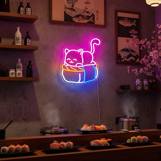 Cute Sushi Cat Neon Sign for Bedroom,Light Up Cat Sign for Pet Store Wall Decor,Kawaii LED Neon Light for Cat Sushi Lovers,Pink Cat Wall Sign for Girls Room,Animal Neon Light Up Wall Art