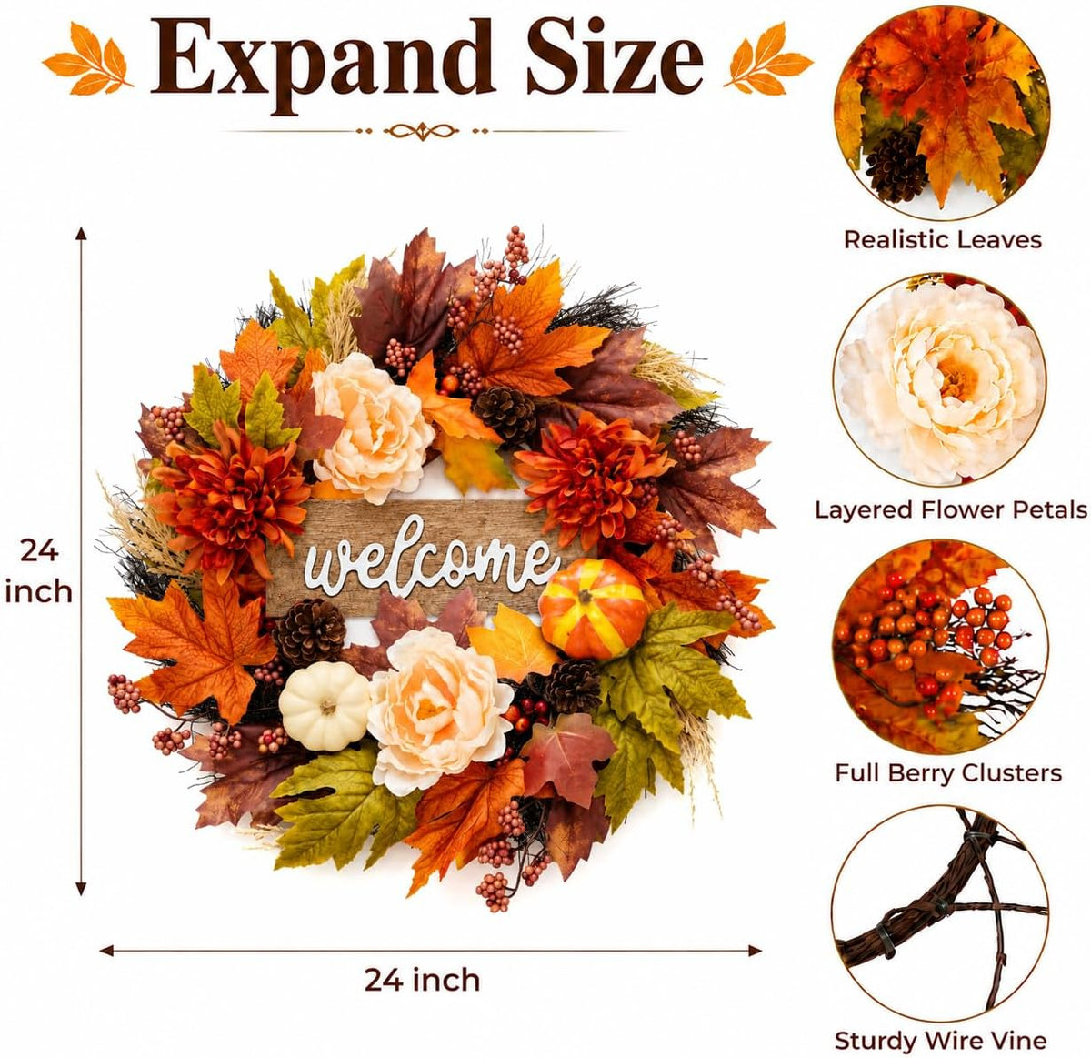 24 inch fall wreaths for front door, autumn shown in use