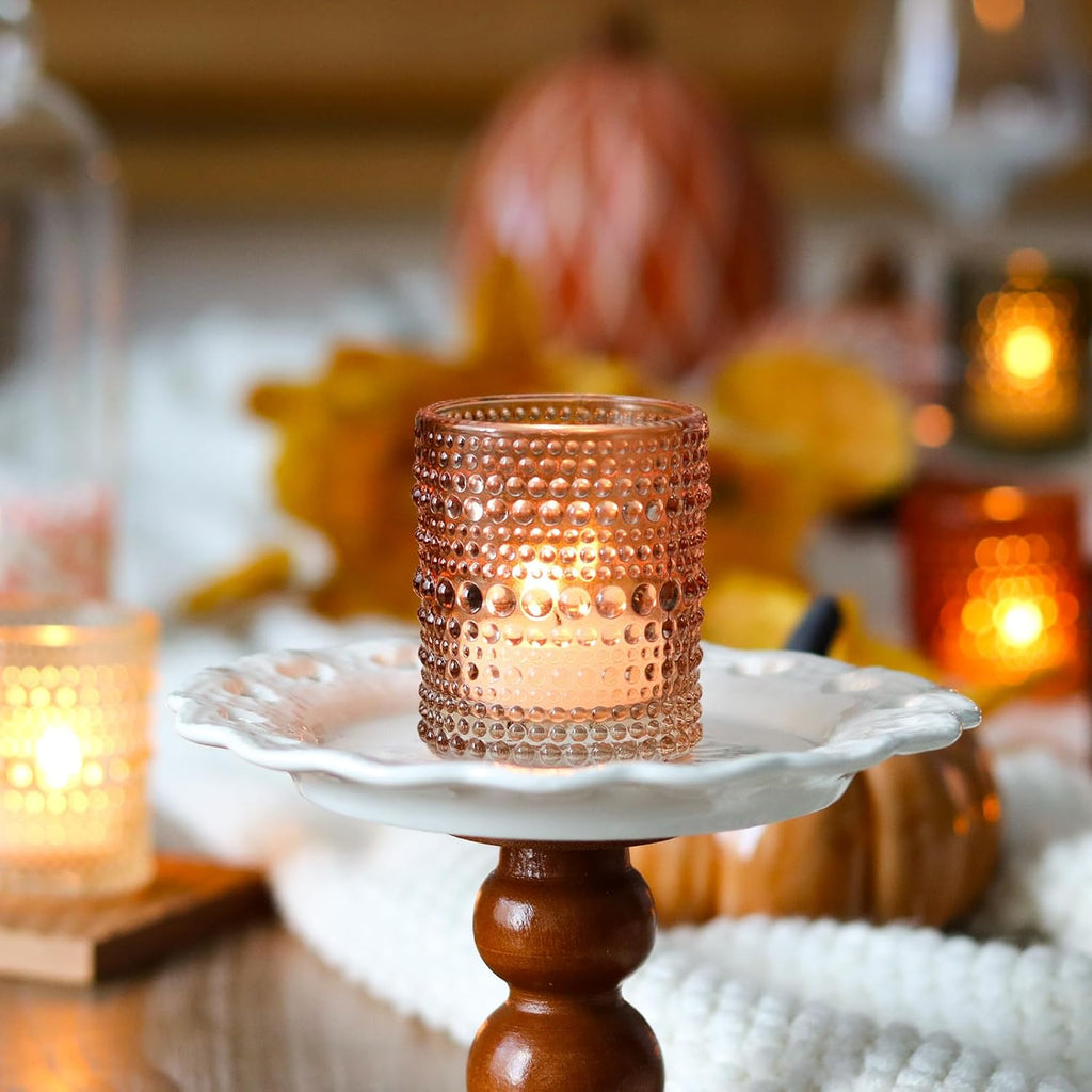 WDHODEC Brown Green Glass Tealight Candle Holders Set of 24 - Hobnail Vintage Votive Holders for Fall, Winter Wedding, Christmas Table Centerpiece Decor