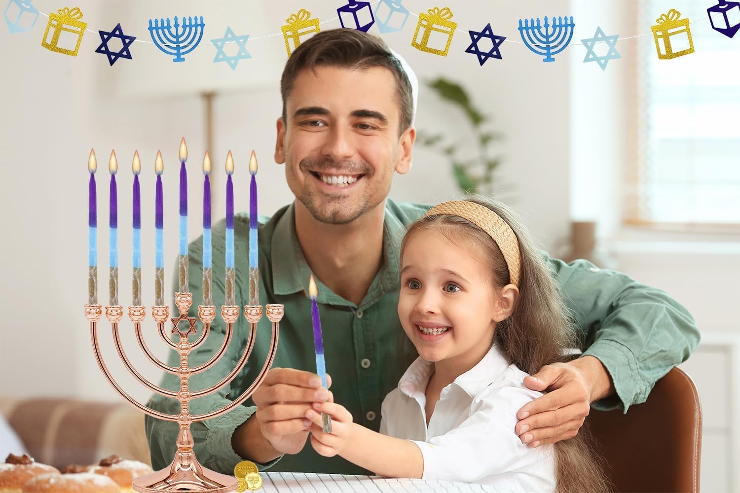 Dripless Hanukkah Candles 45 Hanukkah Candles Decorative Purple, with Blue & Gold Frosted Stripes 1-Hour Burn Time