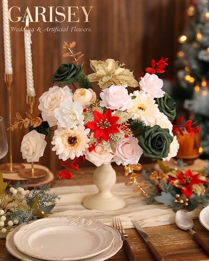 Christmas Artificial Flowers Poinsettia Flower Mix Silk Flowers Fake Roses with Stems for DIY Table Centerpieces Christmas Tree Xmas Wreath Holiday Home Party Decor