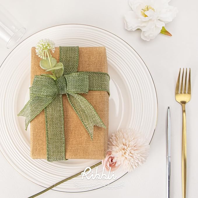 Ribbli Sage Green Burlap Wired Ribbon, 1” Inch x Continuous 20 Yard, Spring Moss Wired Ribbon for Wreaths,Big Bows,Tree Decoration,Outdoor Decoration