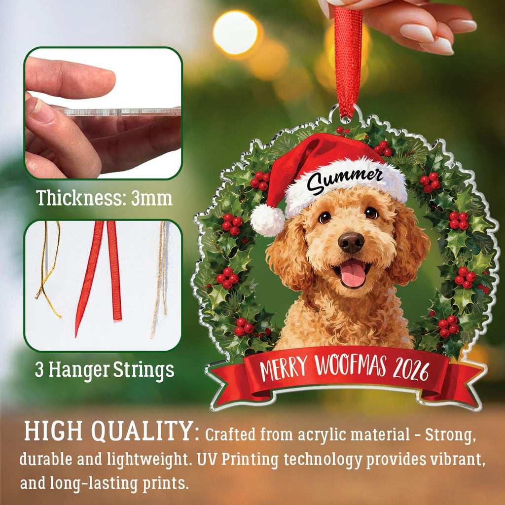 Personalized Goldendoodle Dog Christmas Ornament, Dog Wearing Santa Hat 2D Flat Acrylic Ornament, Gift for Dogs Dad Mom Pet Owners, Merry Woofmas 2026 Custom Name & Text Brown Goldendoodle Ornaments
