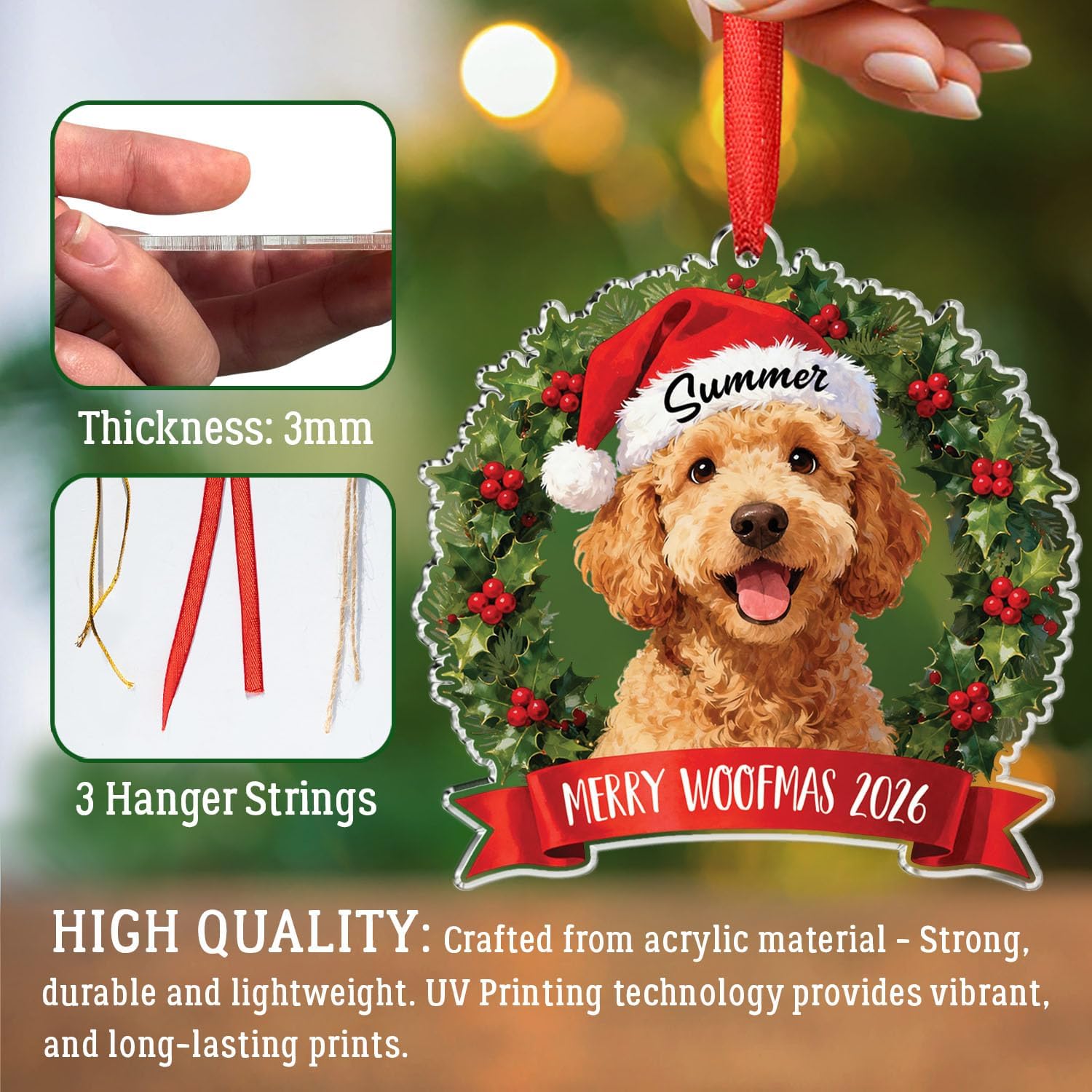 Personalized Goldendoodle Dog Christmas Ornament, Dog Wearing Santa Hat 2D Flat Acrylic Ornament, Gift for Dogs Dad Mom Pet Owners, Merry Woofmas 2026 Custom Name & Text Brown Goldendoodle Ornaments