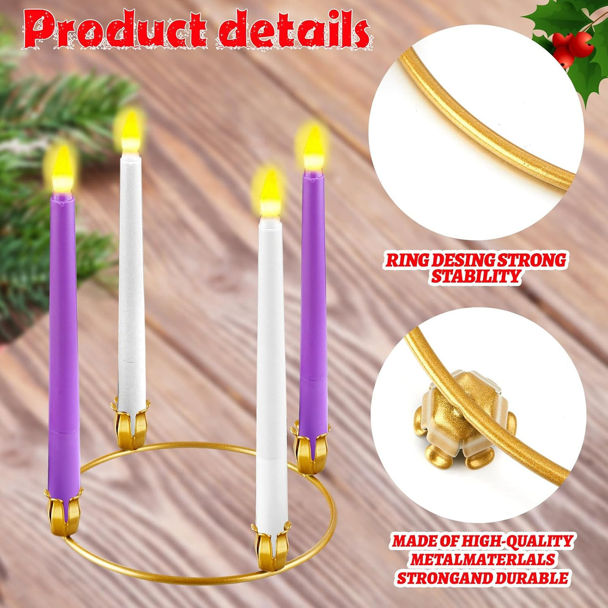 Thyle 12 Pcs Christmas Metal Advent Wreath Rings, Gold Candle Holder