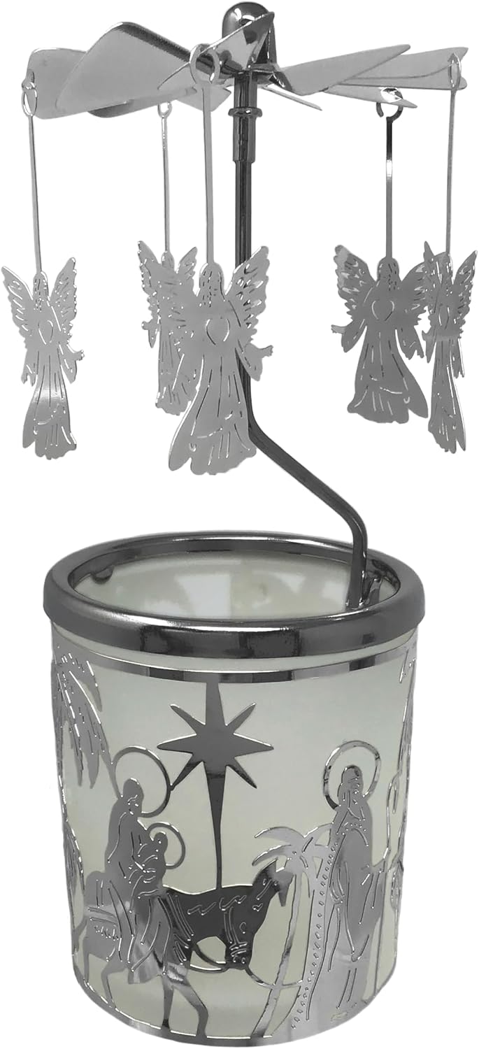 Spinning Angels Christmas Candle Holder - Holy Family Scene - Scandinavian Style -Measures 6.25" x 2.5" and Includes a Smokeless Candle.