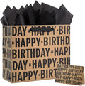 Yusenguan 13" Kraft Birthday Gift Bag with Tissue Paper and Greeting Card, Black Happy Birthday Lettering Design Gift Paper Bag for Men, Women, Kids (Black)