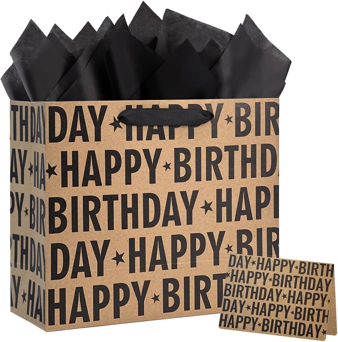 Yusenguan 13" Kraft Birthday Gift Bag with Tissue Paper and Greeting Card, Black Happy Birthday Lettering Design Gift Paper Bag for Men, Women, Kids (Black)