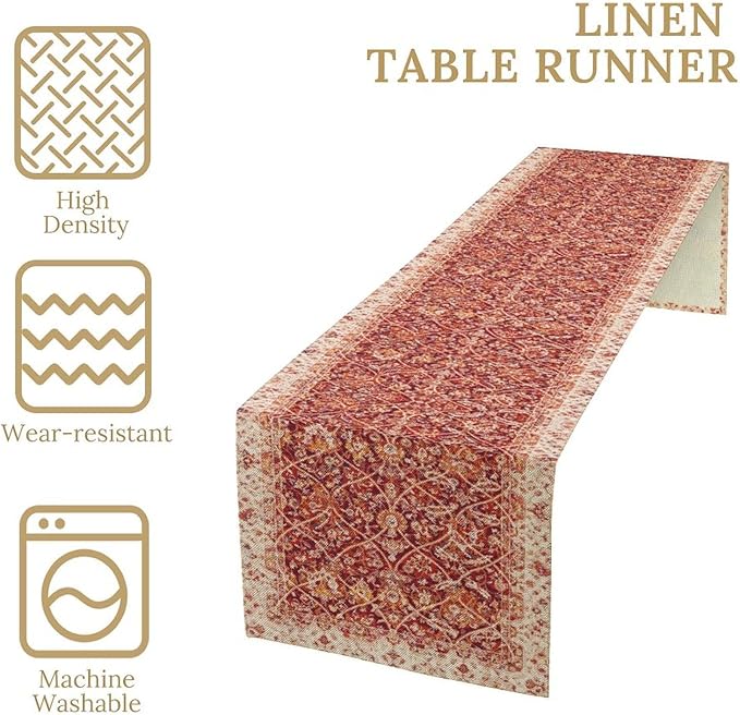 Boho Floral Vintage Table Runner, Retro Red Flower Rustic Country Farmhouse Abstract Pattern for Home Kitchen Table Decor Dining Coffee Room Party Decor 13x90in