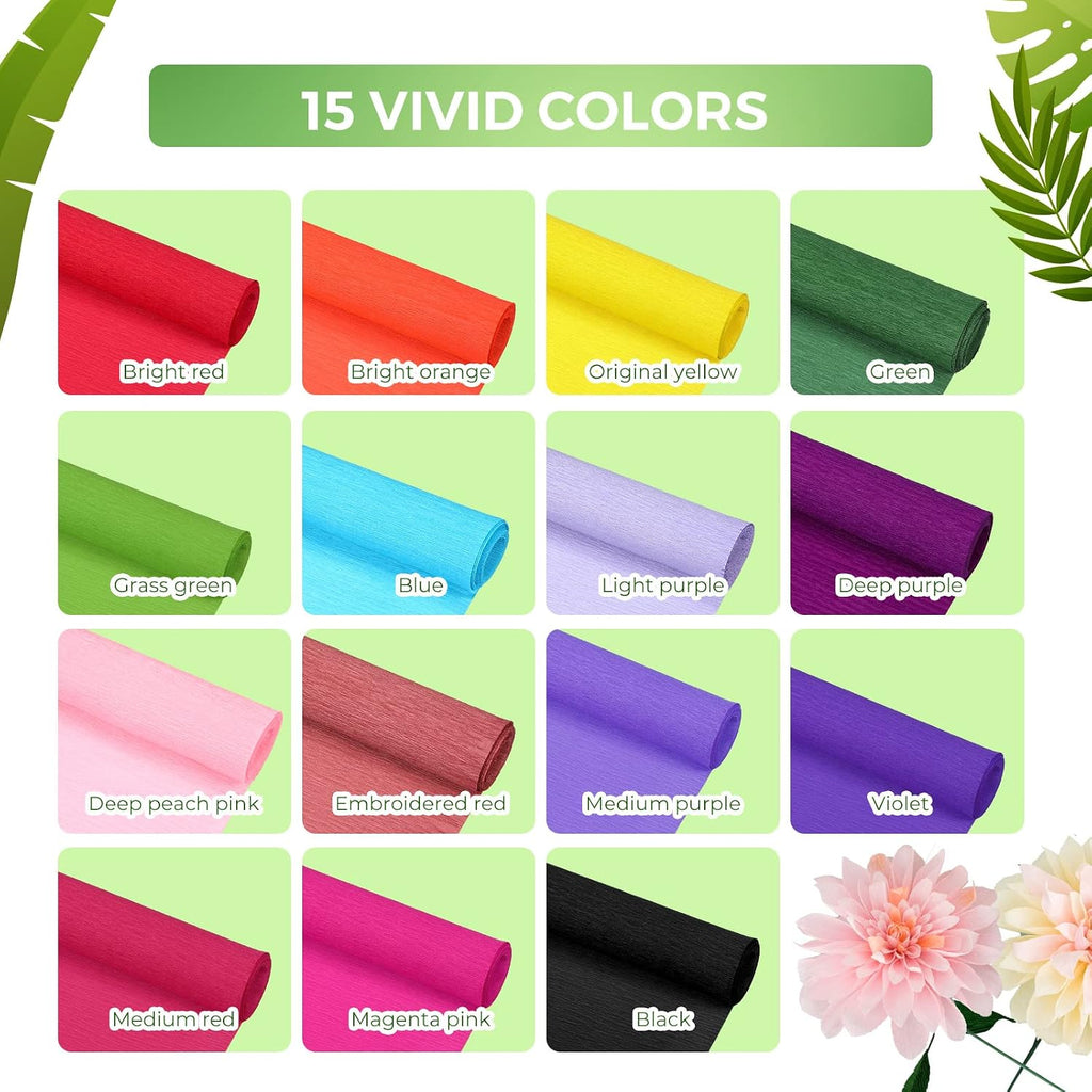 24 Rolls 15 Colors 8 ft Crepe Paper 10 Inch Crepe Paper Streamer with 50 Pcs Green Floral Iron Wire 1 Roll Green Floral Tape for Flower Making Supply Birthday Wedding Festival Ornament(Bright Colors)
