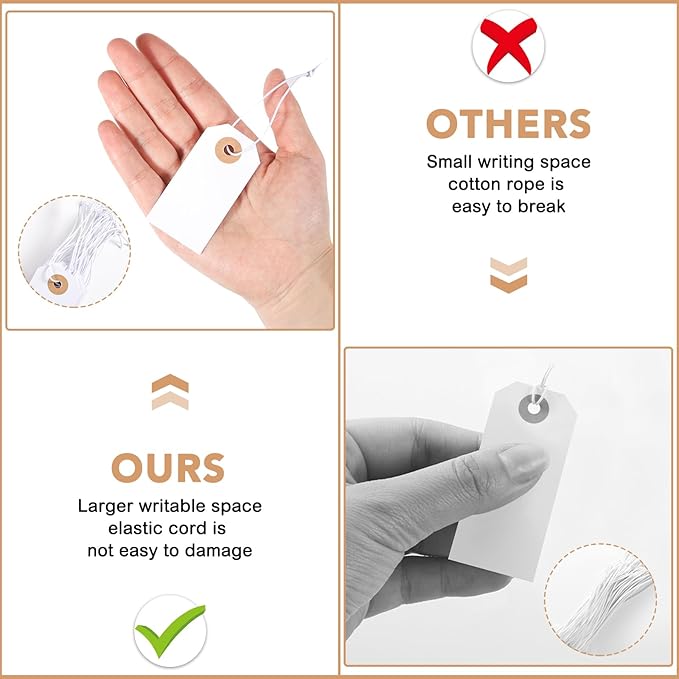 Prudiut 100 Pack Gift Tags with Elastic String White Price Tags Marking Hang Tag Attached Reinforced Hole Writable for Christmas Gifts Inventory Tag Stocking Stuffers 2.75'' x1.37''