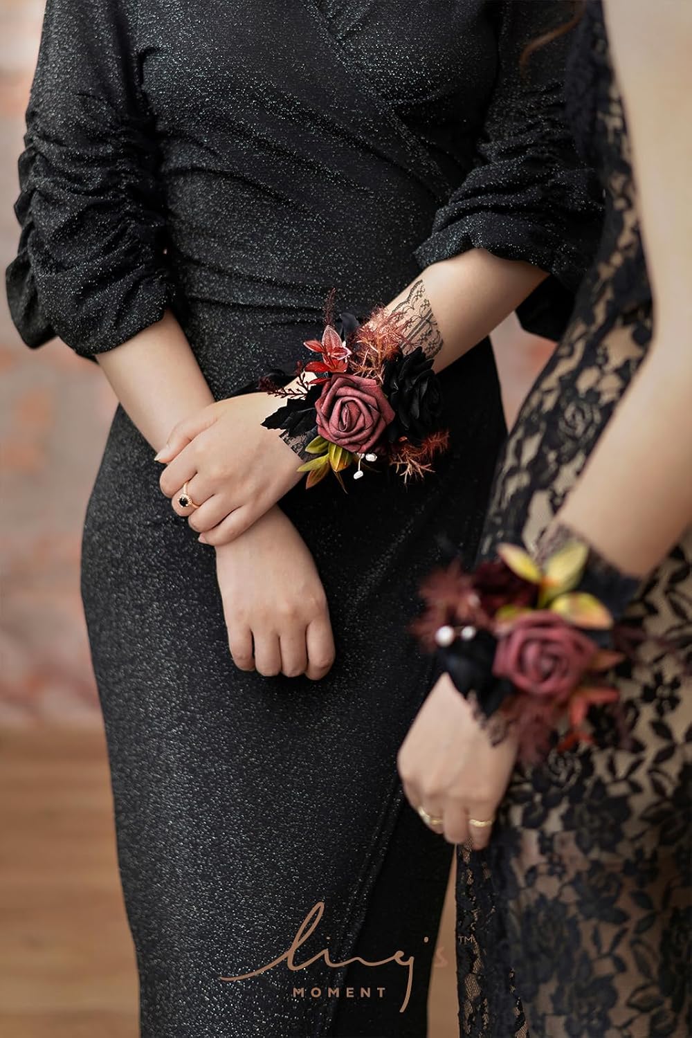 ling's moment 6pcs wrist corsage artificial flowers, black shown in use