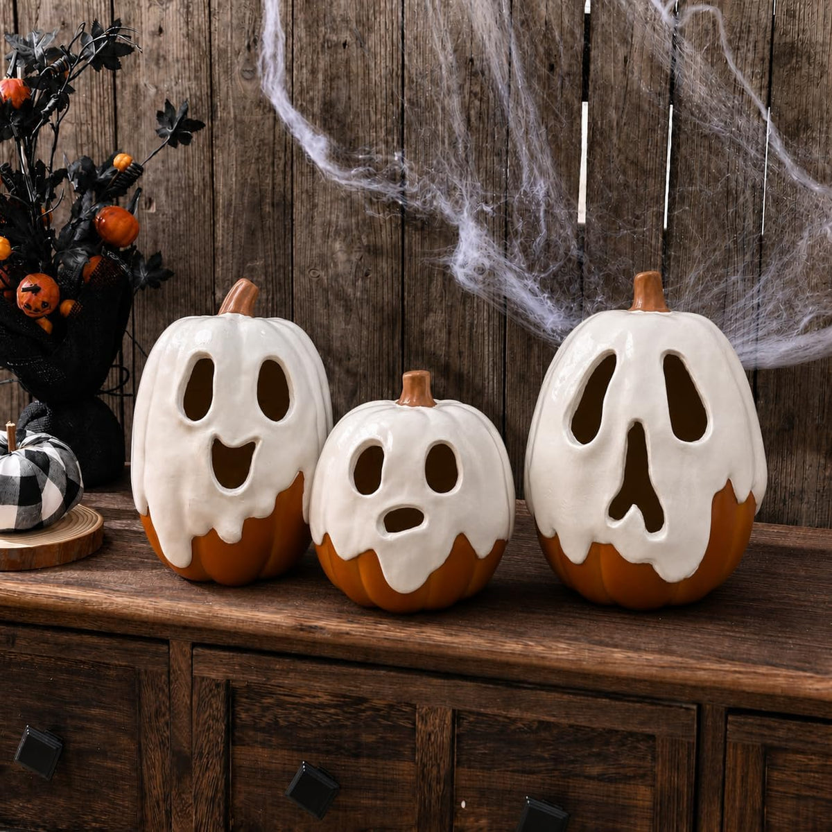 Halloween Decorations - 9.45" H Resin Ghost Pumpkin with Flameless Candl...