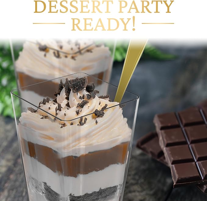 100 Pack 3 oz Mini Dessert Cups with Lids and Spoons (Gold Spoons) - Plastic Shooter Appetizer Parfait Cups with Lids Reusable - BPA Free Catering Supplies for Party - Dessert Serving Bowls