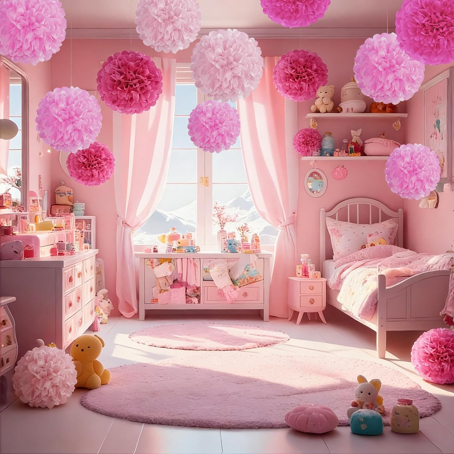 Hot Pink Tissue Pom Poms Paper Flowers Hanging Decorations Pink Flower Ball for Mother's Day Baby Shower Wedding Nursery Birthday Party Backdrop Home Outdoor