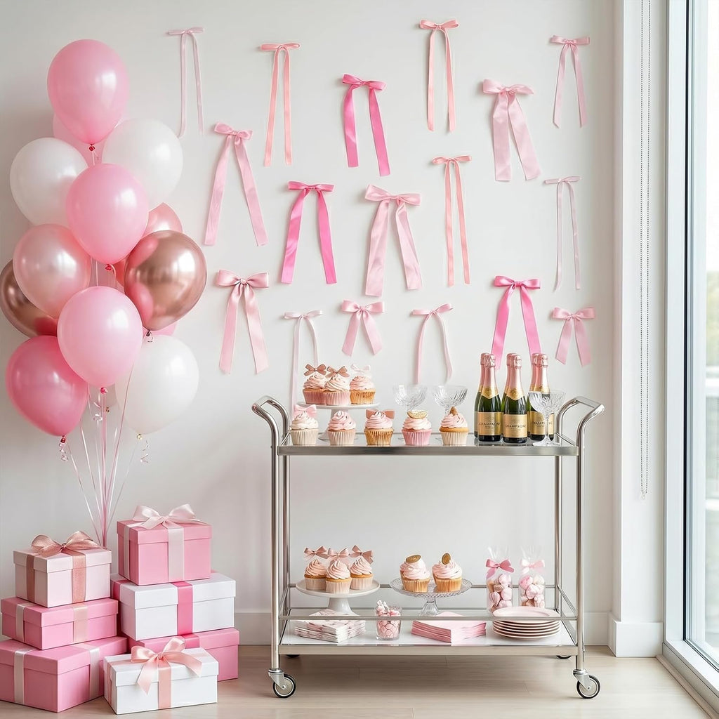 Pink Bow Birthday Decorations, 40Pcs Dusty Pink Bow Wall Decor DIY Ribbon Satin Bows Garland Photo Backdrop for Women Girl Coquette Bachelorette Baby Bridal Shower Room Bedroom Wedding Party Decor