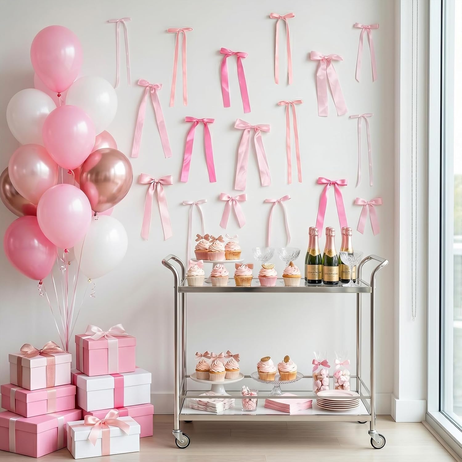 Pink Bow Birthday Decorations, 40Pcs Dusty Pink Bow Wall Decor DIY Ribbon Satin Bows Garland Photo Backdrop for Women Girl Coquette Bachelorette Baby Bridal Shower Room Bedroom Wedding Party Decor