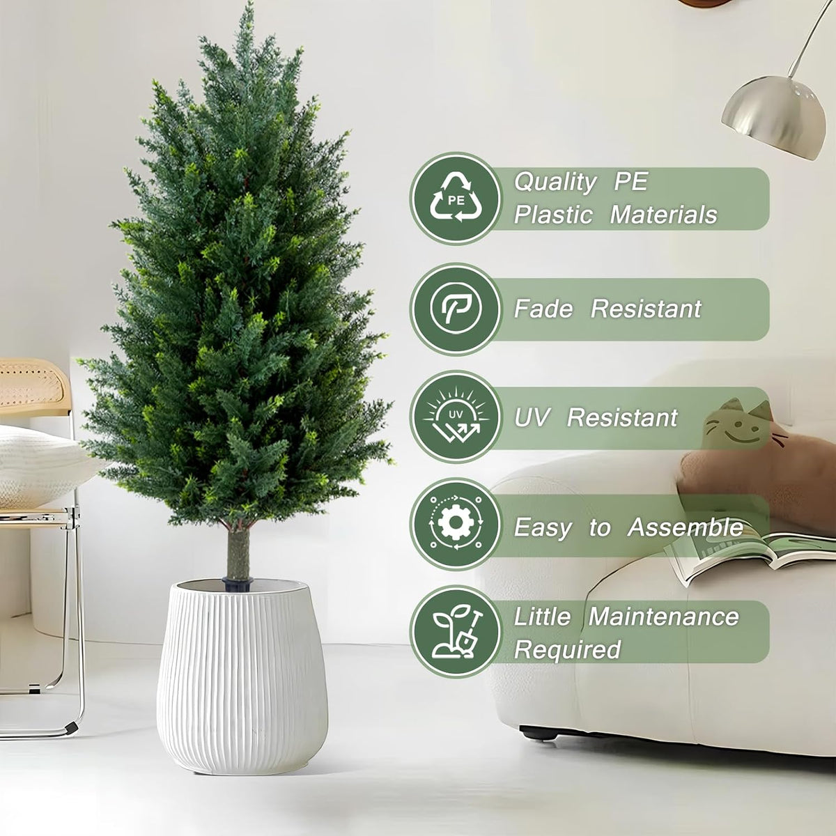 set of 2 artificial cedar topiary christmas trees on a desk or shelf