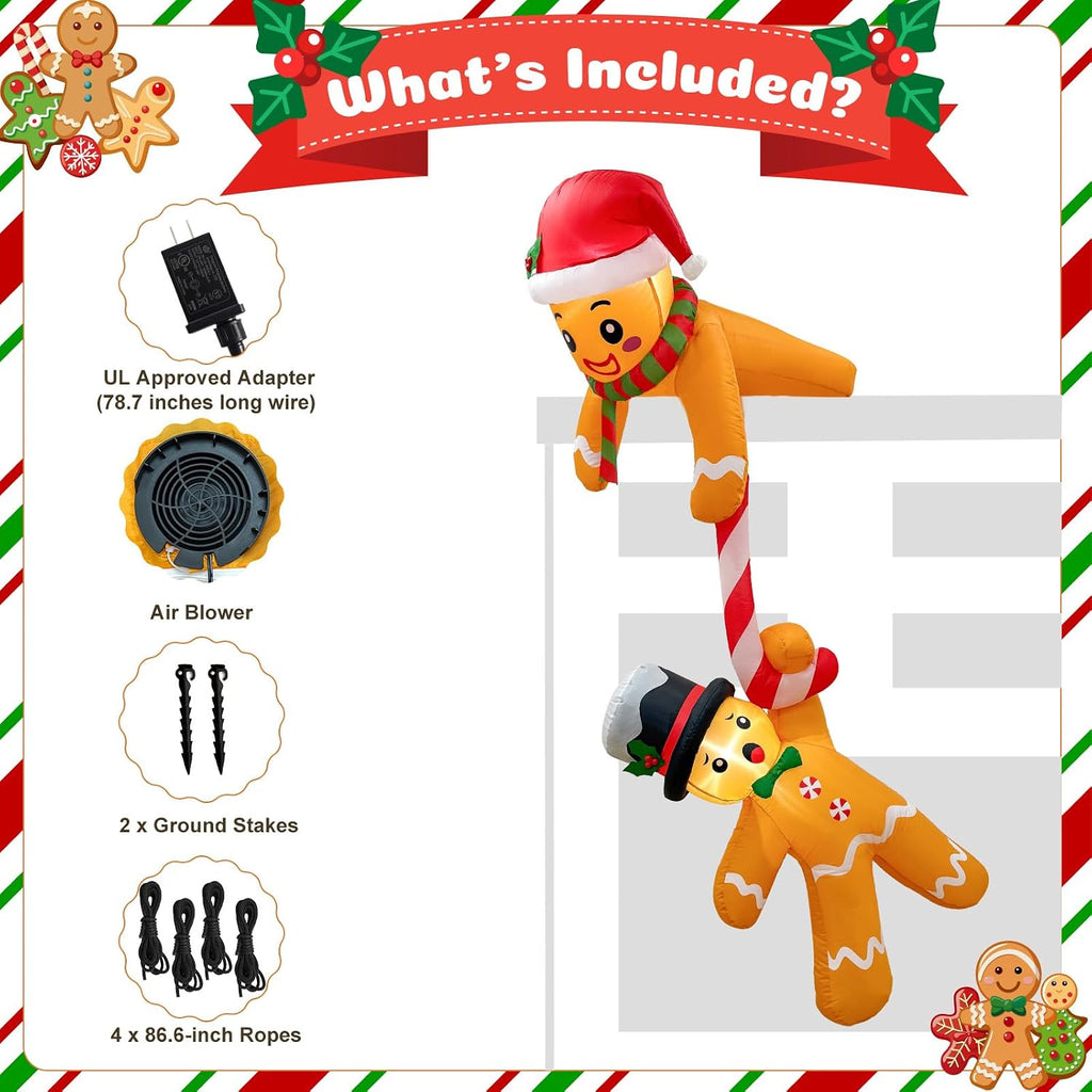 ourwarm 7ft christmas inflatable outdoor decoration, climbing gingerbread showing dimensions