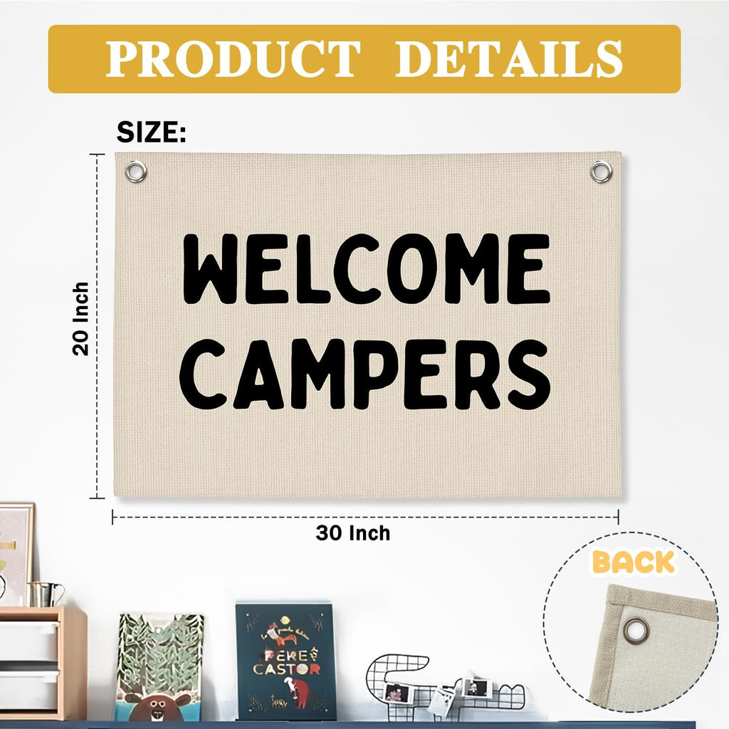 Camp Banner, Welcome Campers Camping Classroom Decor, Summer Camp Decor, Camping Flag Party Banner Decoration, Classroom Bedroom Nursery Playroom Toddler Decoration 30x20 Inch