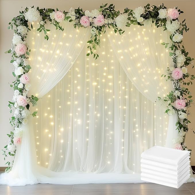 Fomcet Tulle Backdrop Curtains Ivory 30FT X 10FT Tulle Curtain with Lights String Sheer Backdrop Curtains for Parties Wedding Baby Shower Photo Shoot Decorations (6 Panels 5 x 10FT)