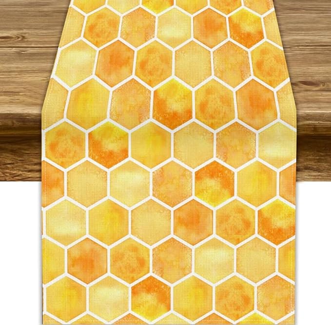 Honeycomb Bee Table Runner, Cute Abstract Geometric Yellow Honeycombs Print Table Cover for Kitchen Dining Table Indoor Outdoor Party Decor, 13x120inch