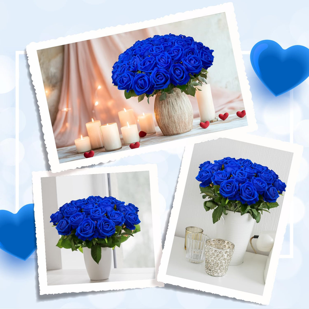 bulk royal blue artificial flowers, fake velvet blue shown in use
