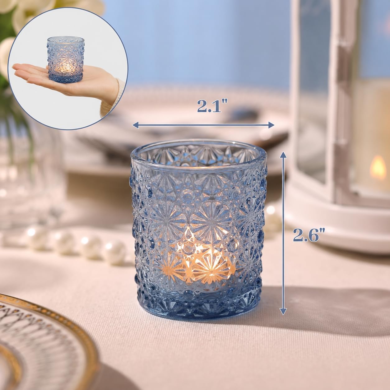 Lanttu 12 Pack Blue Votive Candle Holders 2.2"*2.6" Tealight Candle Holder | for Wedding Table Centerpieces, Birthday Parties, Home Decor, Blue Bridal Shower and Holiday Decorations
