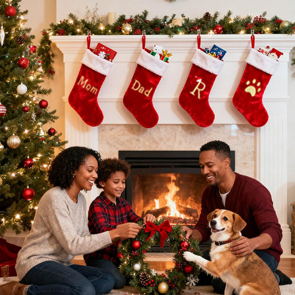 Large Christmas Stockings Monogram Christmas Stocking with Letter Red Velvet Stockings for Christmas Decor Personalized Name Letter (Letter M)