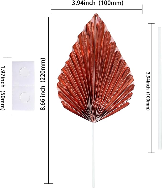 Ephlyn 6Pcs Paper Palm Leaves Fan Cake Toppers Palm Leaf Fan Cake Picks Craft DIY Fan Palm Spear Leaves Cake Decorations for Wedding Birthday Party Supplies Bright Rose Gold