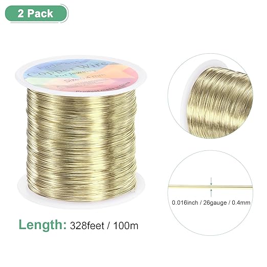 2-Rolls 0.4mm Jewelry Wire, 26 Gauge 328FT Craft Wire Copper Beading Wire for Jewelry Making/Planting/Weaving/DIY Crafting, Soft Metal Wires [100M, Light Golden]