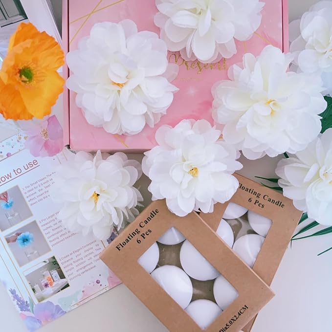 24 Pcs Floating Candles for Centerpieces and Floating Flowers Vase Fillers for Centerpieces White Artificial Flowers for Wedding Table Party Home Decoration