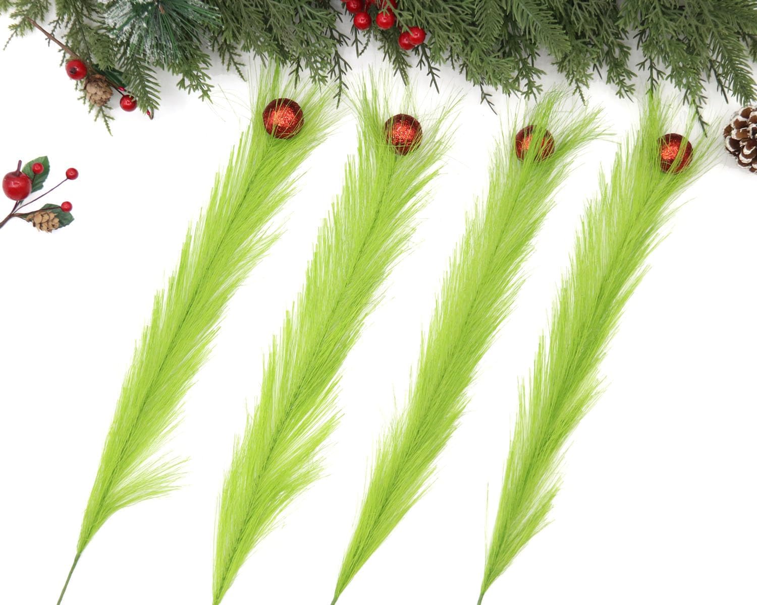 KLEWEE 12 Pcs Christmas Tree Topper 17.4'' Green Christmas Tree Picks and Sprays with Glitter Red Ball Christmas Stems Ornaments for Christmas Tree Decorations Wreath Crafts Vase Filler Decor