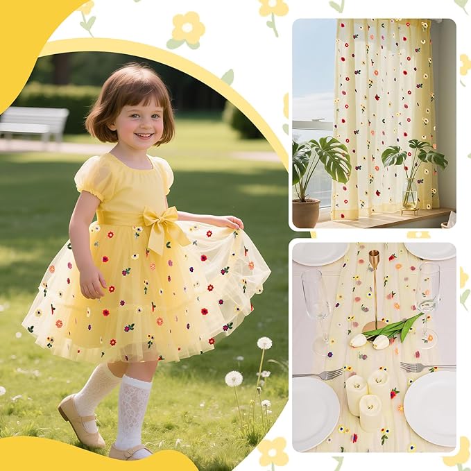 BINBE 12pcs Daisy Fall Table Runner Embroidery Gauze 10FT Florals Seasonal Tulle Holiday Birthday Kitchen Dining Table Decor for Home Party Yellow