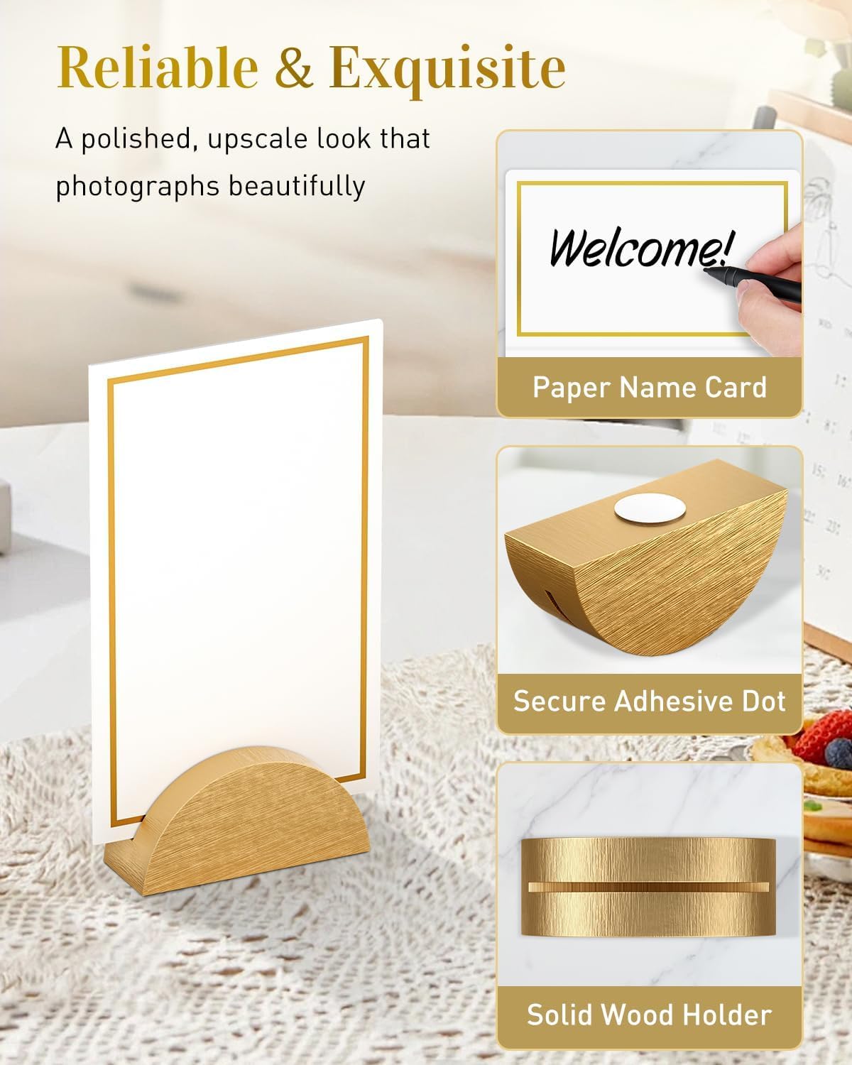 Uniclife 24 Pcs Place Card Holders for Wedding Party Tables | gold wood place card holders include 24 name cards and adhesive dots for wedding, birthday and party tables.