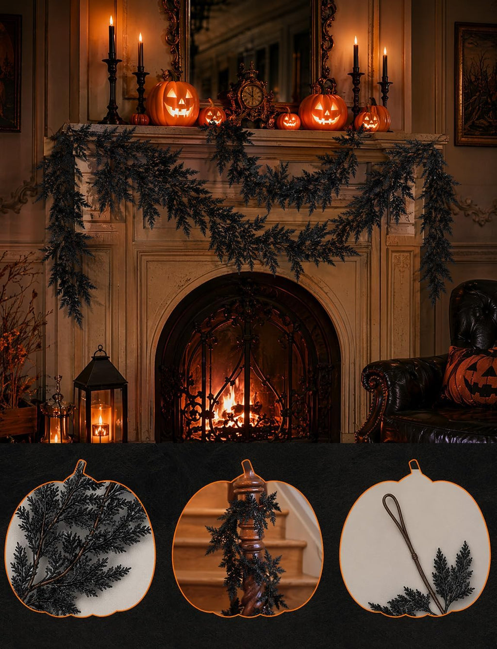 5.91 ft black halloween cedar pine garland, realistic, close-up detail