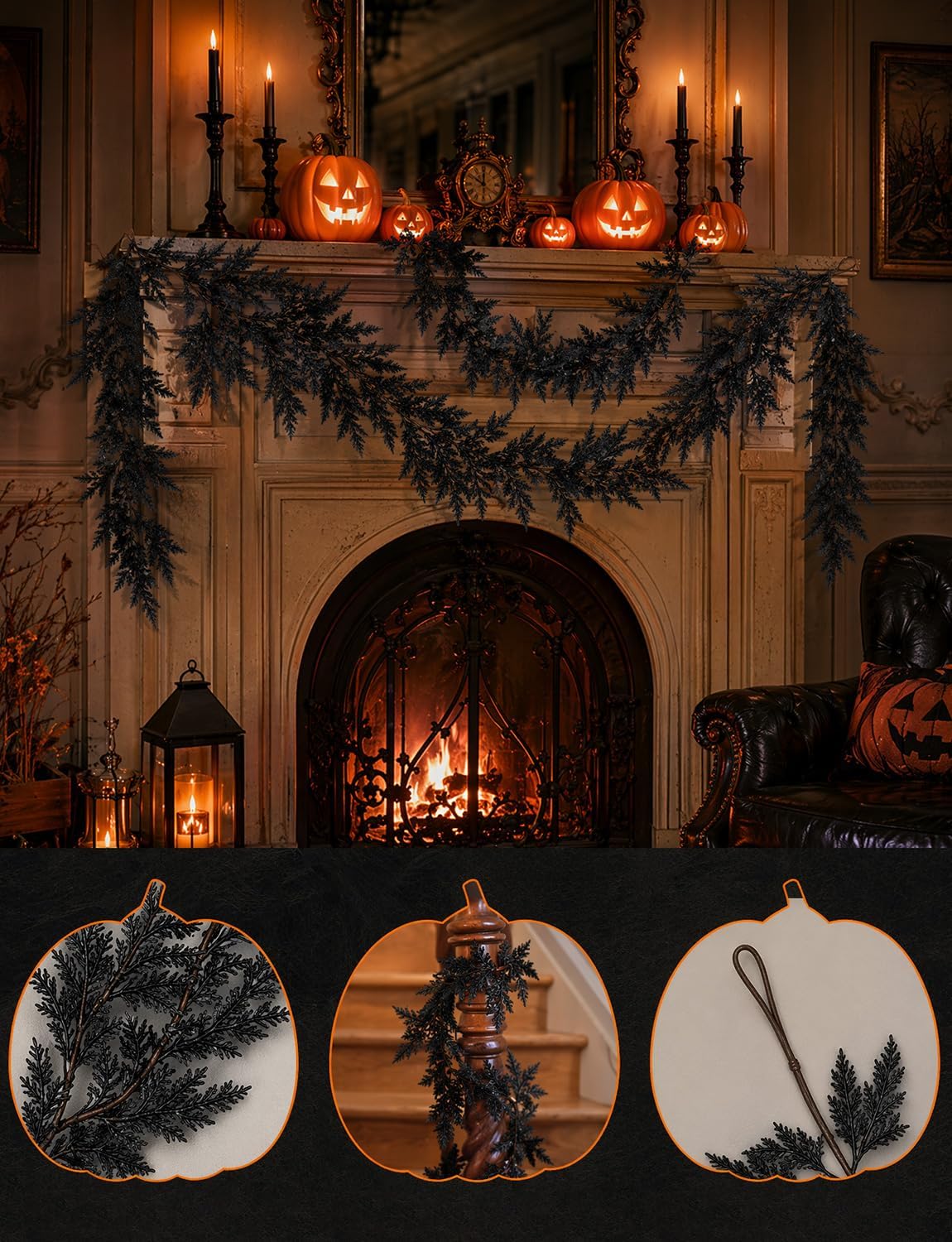 5.91 ft black halloween cedar pine garland, realistic, close-up detail