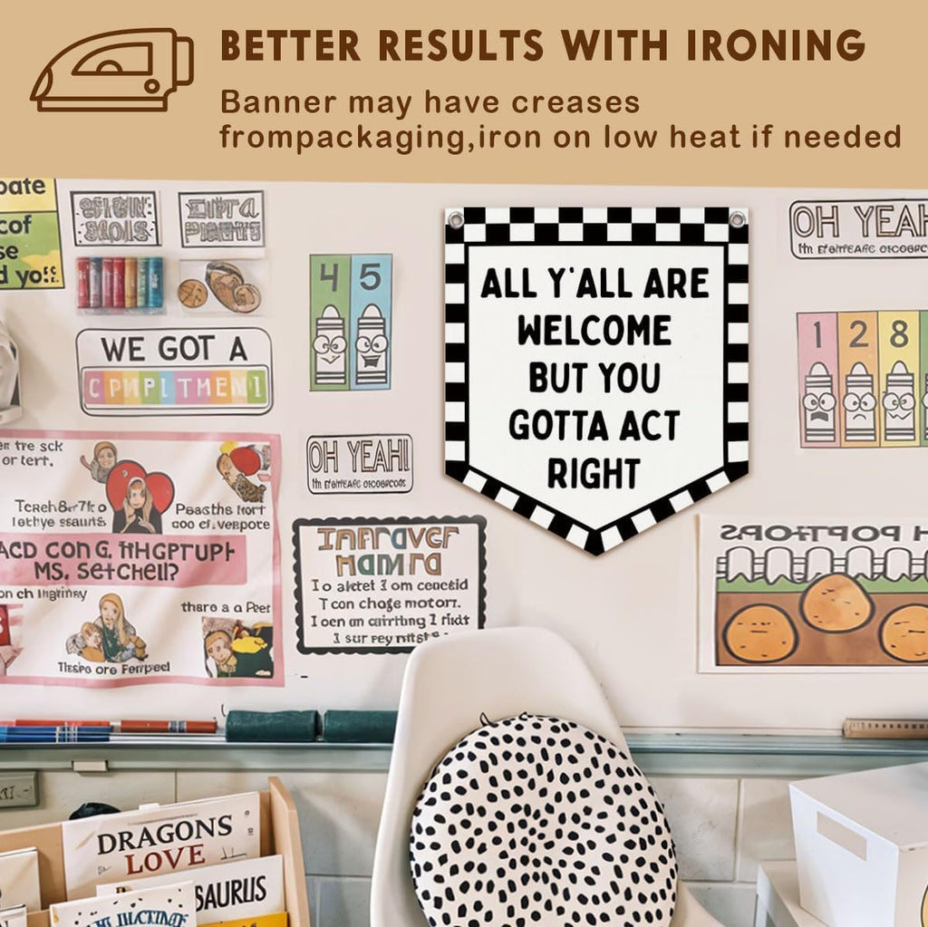 Lacama Checkered Classroom Decor Welcome Sign Banner, | All Y'all Are Welcome But You Gotta Act Right Banner for Boys Girls Room Playroom Bedroom College Dorm Car Room Decor