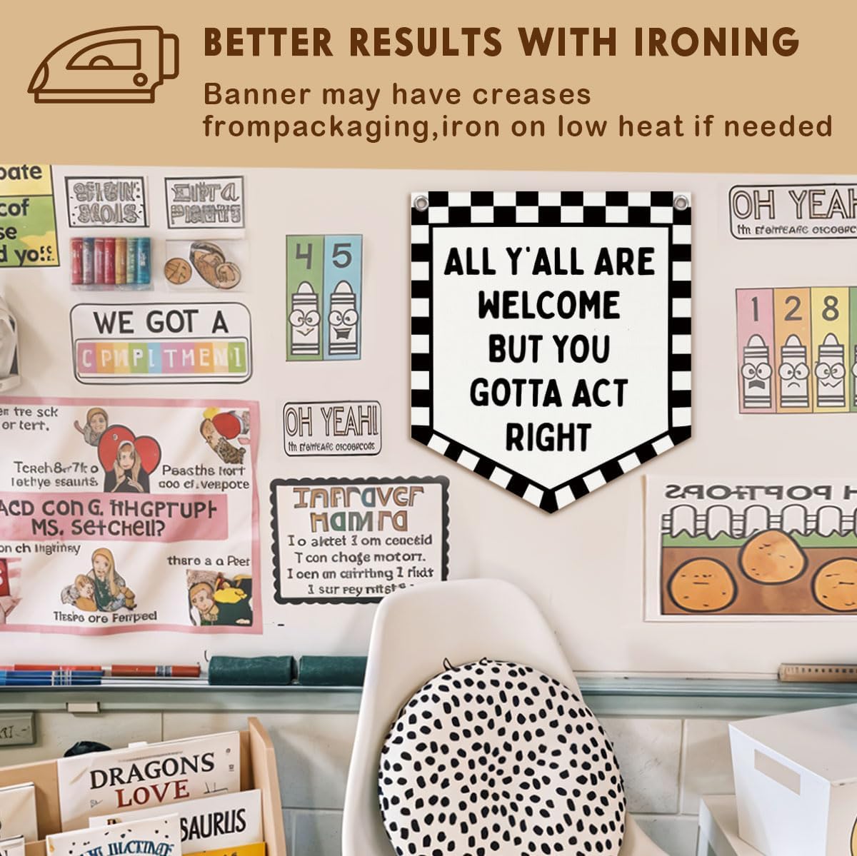 Lacama Checkered Classroom Decor Welcome Sign Banner, | All Y'all Are Welcome But You Gotta Act Right Banner for Boys Girls Room Playroom Bedroom College Dorm Car Room Decor