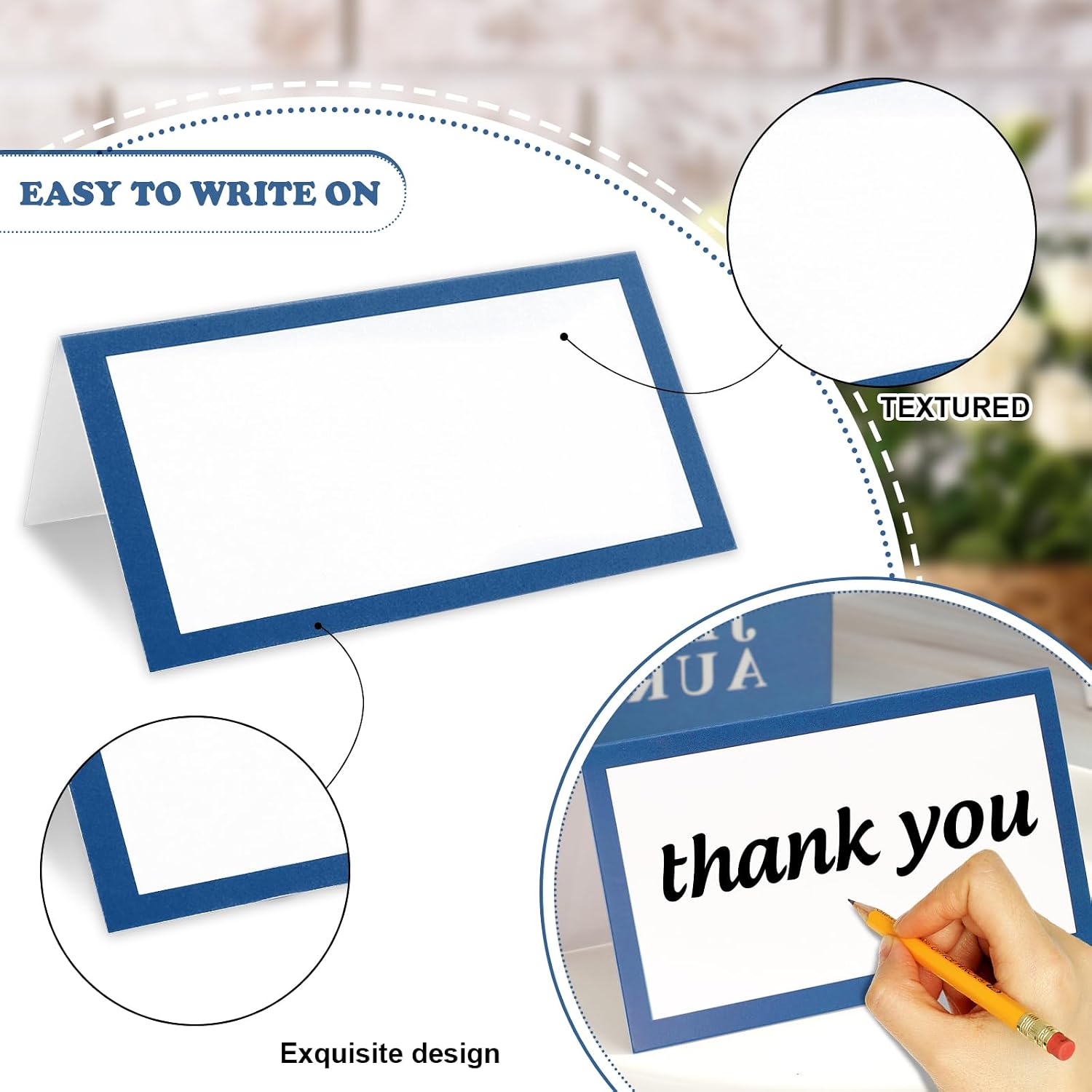 Whaline 100Pcs Navy Blue Place Cards 3.5 x 2 Inch White Blank Tented Cards Wedding Seating Card for Party Table Setting Supplies