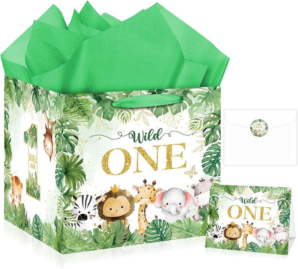 Extra Large Wild One Gift Bag Square Jumbo Wild Animal 1st Birthday Bag for Baby Boys with Wrapping Paper Card Sticker Envelope Jungle First Birthday Safari One Year Old Party Favors Decorations
