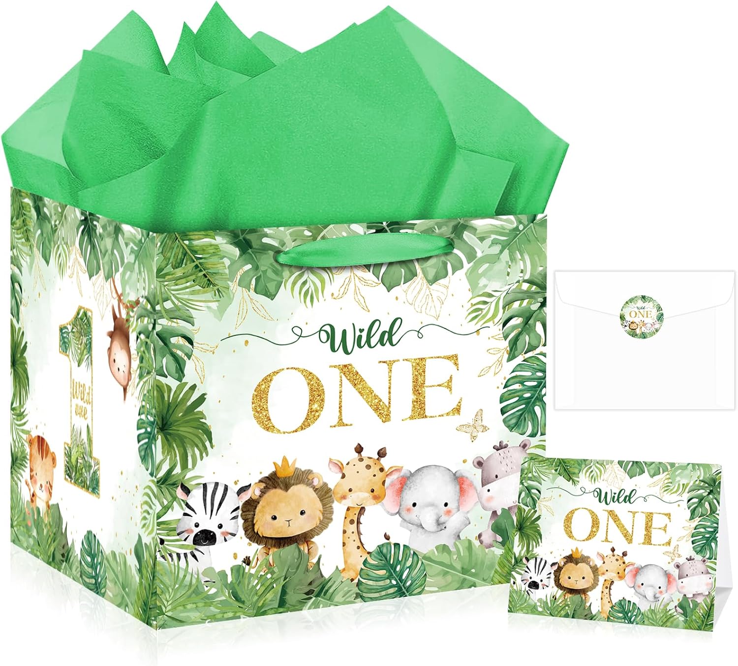 Extra Large Wild One Gift Bag Square Jumbo Wild Animal 1st Birthday Bag for Baby Boys with Wrapping Paper Card Sticker Envelope Jungle First Birthday Safari One Year Old Party Favors Decorations