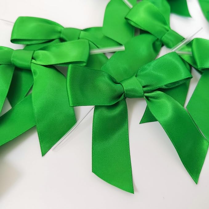 50pcs 3-1/2" Green Satin Ribbon Bows with Twist Ties Giant Bows for Christmas Holiday Gift Packing&Wrapping (Green)