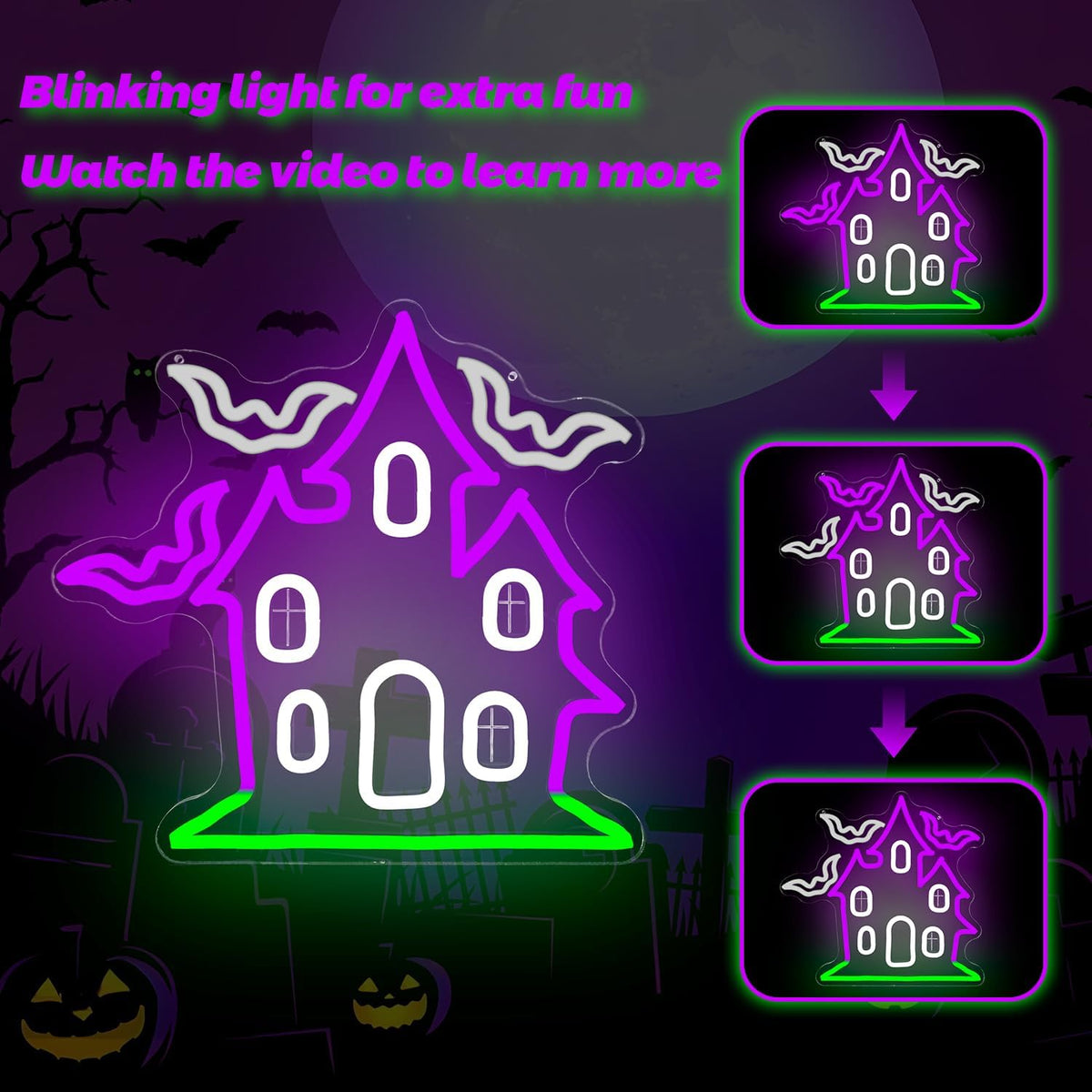 Haunted House with Flying Bat Halloween Neon Sign Dimmable Led Wall Decor