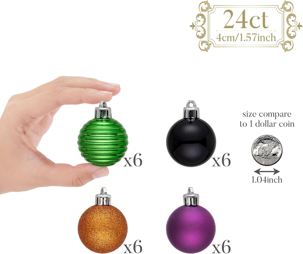 Valery Madelyn 24ct Halloween Ornaments Tree Decorations Indoor 1.6 Inch | Orange Purple Green Black Shatterproof Christmas Ball Ornaments Vintage Hanging Xmas Holiday Party Decor