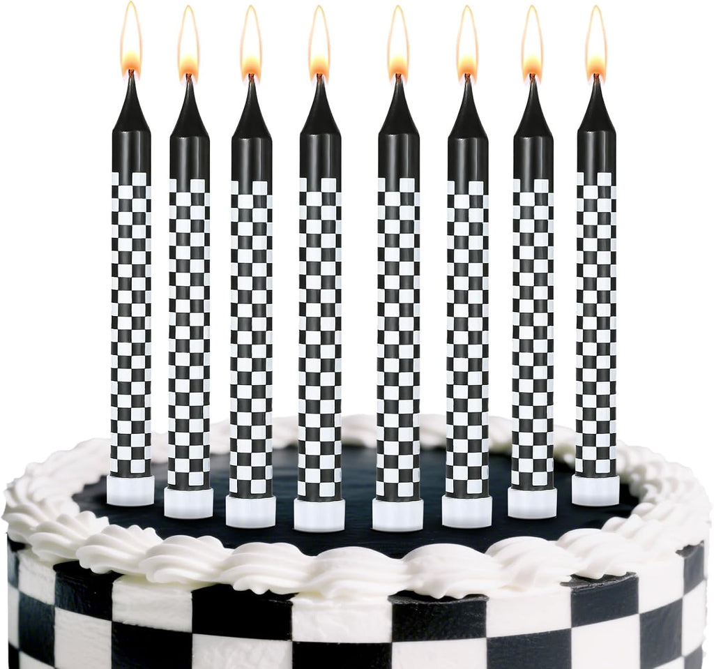 12Pcs Race Car Birthday Candles Cake Topper for Birthday Party Decorations | Black and White Checkered Flag Themed Cupcake Topper for Racing Birthday Decorations Party Supplies
