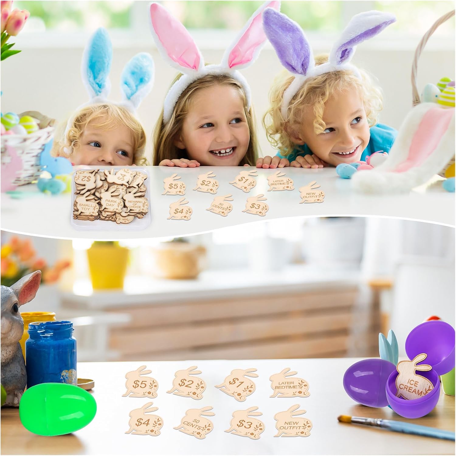 Easter Egg Fillers,30 Pack Wooden Easter Egg Tokens for Kids,Easter Basket Stuffers,Easter Reward Tokens with 30 Different Engraved Sayings,Easter Eggs Filled Activity for Kids Teens Girls Boys(Bunny)