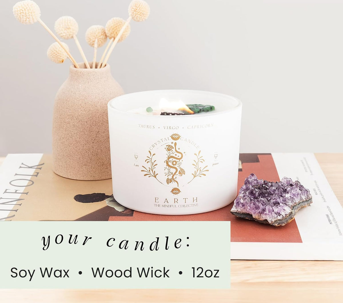 taurus, virgo, capricorn gifts for women, wood wick, front angle view