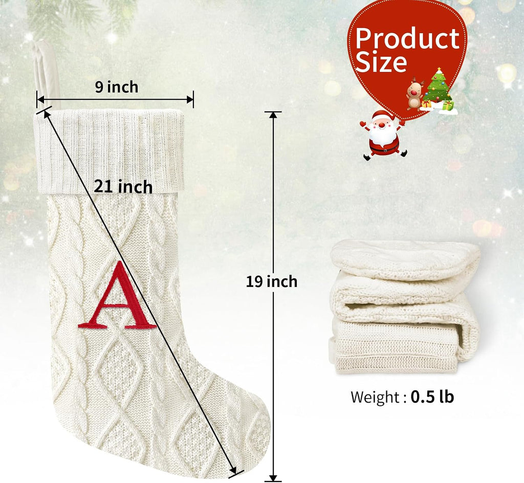 21 Inches Knitted Christmas Stockings with Initials, Large White Custom Monogram Embroidery Christmas Stockings with Letter, Personalized Xmas Decoration for Holiday Family Party-A